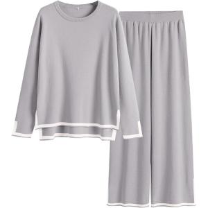 ANRABESS Women’s Two Piece Outfits Knit Pullover Sweater Tops & Wide leg Pants Lounge Matching Sweatsuit Tracksuits Sets(Silver Grey)