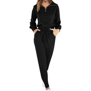 ANRABESS Women’s Two Piece Outfits Sweater Lounge Sets Long Sleeve Zip Up Knit Pullover Jogger Pants Tracksuit Travel Outfits(Black)