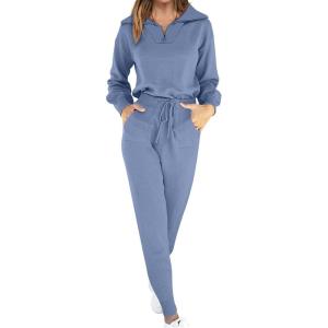 ANRABESS Women’s Two Piece Outfits Sweater Lounge Sets Long Sleeve Zip Up Knit Pullover Jogger Pants Tracksuit Travel Outfits(Grey Blue)