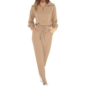 ANRABESS Women’s Two Piece Outfits Sweater Lounge Sets Long Sleeve Zip Up Knit Pullover Jogger Pants Tracksuit Travel Outfits(Khaki)