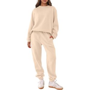 ANRABESS Women’s Two Piece Outfits Sweatsuit Lounge Set Long Sleeve Crewneck Sweatshirt Jogger Pants Tracksuit 2025 Fall Sets(Beige)