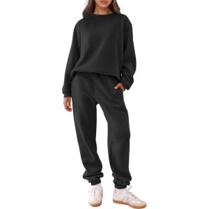 ANRABESS Women’s Two Piece Outfits Sweatsuit Lounge Set Long Sleeve Crewneck Sweatshirt Jogger Pants Tracksuit 2025 Fall Sets(Black)