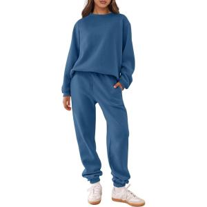 ANRABESS Women’s Two Piece Outfits Sweatsuit Lounge Set Long Sleeve Crewneck Sweatshirt Jogger Pants Tracksuit 2025 Fall Sets(Blue)