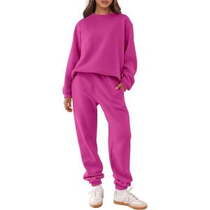 ANRABESS Women’s Two Piece Outfits Sweatsuit Lounge Set Long Sleeve Crewneck Sweatshirt Jogger Pants Tracksuit 2025 Fall Sets(Hot Pink)