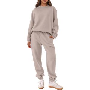ANRABESS Women’s Two Piece Outfits Sweatsuit Lounge Set Long Sleeve Crewneck Sweatshirt Jogger Pants Tracksuit 2025 Fall Sets(Light Khaki)