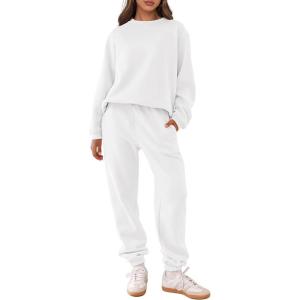 ANRABESS Women’s Two Piece Outfits Sweatsuit Lounge Set Long Sleeve Crewneck Sweatshirt Jogger Pants Tracksuit 2025 Fall Sets(White)