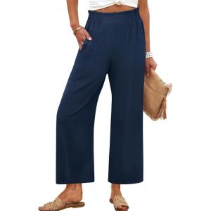 ANRABESS Womens Wide Leg Palazzo Pants Summer Beach High Waisted Cropped Flowy Pants 2026 Work Casual Trousers with Pockets(Navy Blue)