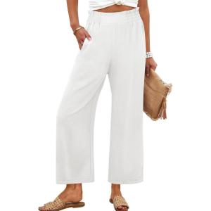 ANRABESS Womens Wide Leg Palazzo Pants Summer Beach High Waisted Cropped Flowy Pants 2026 Work Casual Trousers with Pockets(White)