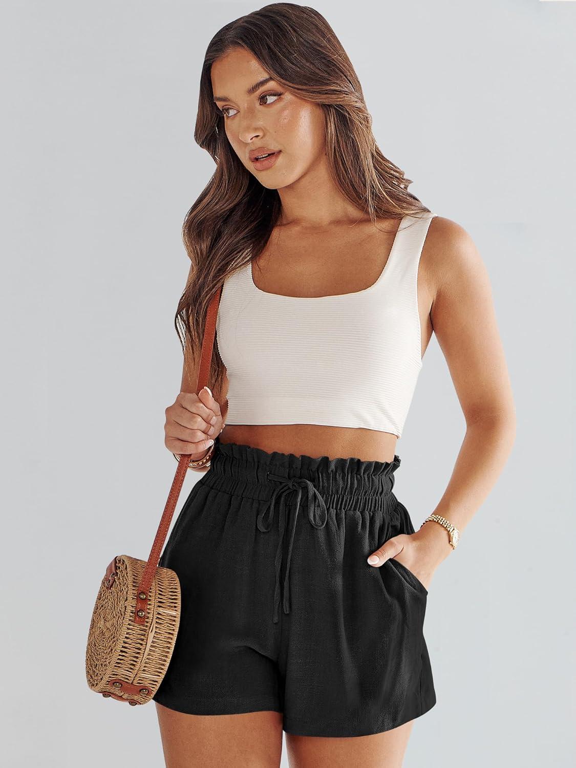 imageANRABESS Linen Shorts for Women Summer Casual Wide Leg Loose High Waist Drawstring Dressy Beach Shorts 2025 Comfy ClothesBlack