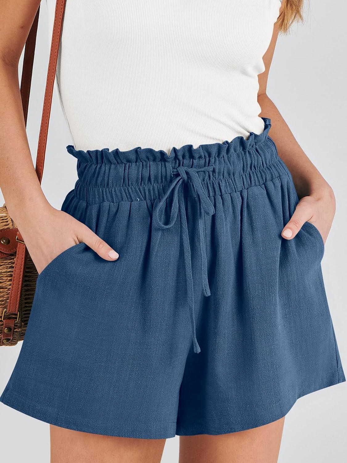 imageANRABESS Linen Shorts for Women Summer Casual Wide Leg Loose High Waist Drawstring Dressy Beach Shorts 2025 Comfy ClothesDeep Blue