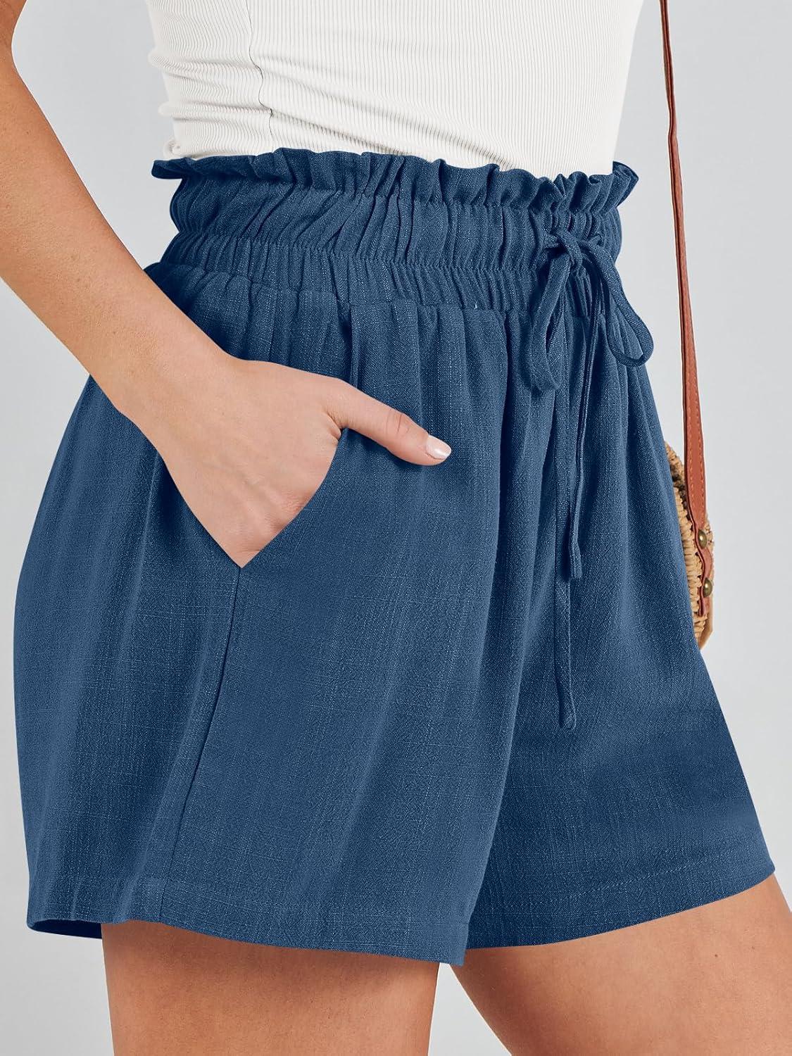 imageANRABESS Linen Shorts for Women Summer Casual Wide Leg Loose High Waist Drawstring Dressy Beach Shorts 2025 Comfy ClothesDeep Blue