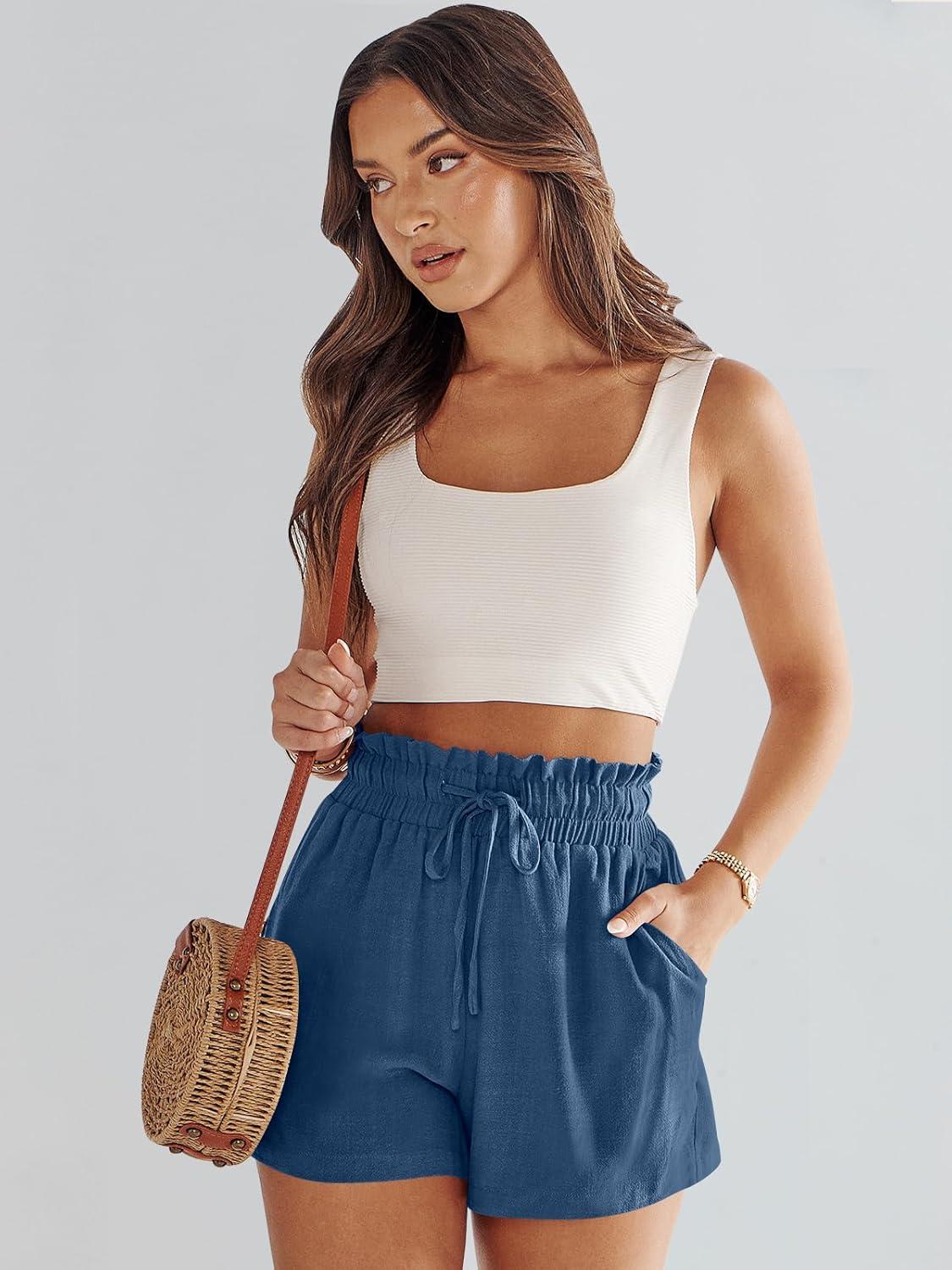 imageANRABESS Linen Shorts for Women Summer Casual Wide Leg Loose High Waist Drawstring Dressy Beach Shorts 2025 Comfy ClothesDeep Blue