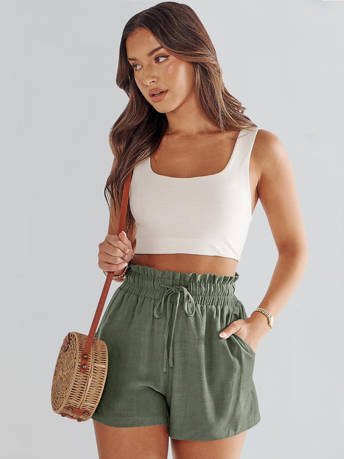 imageANRABESS Linen Shorts for Women Summer Casual Wide Leg Loose High Waist Drawstring Dressy Beach Shorts 2025 Comfy ClothesGreen