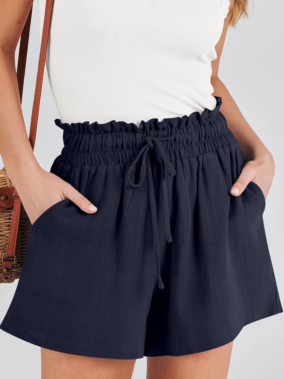 imageANRABESS Linen Shorts for Women Summer Casual Wide Leg Loose High Waist Drawstring Dressy Beach Shorts 2025 Comfy ClothesNavy Blue