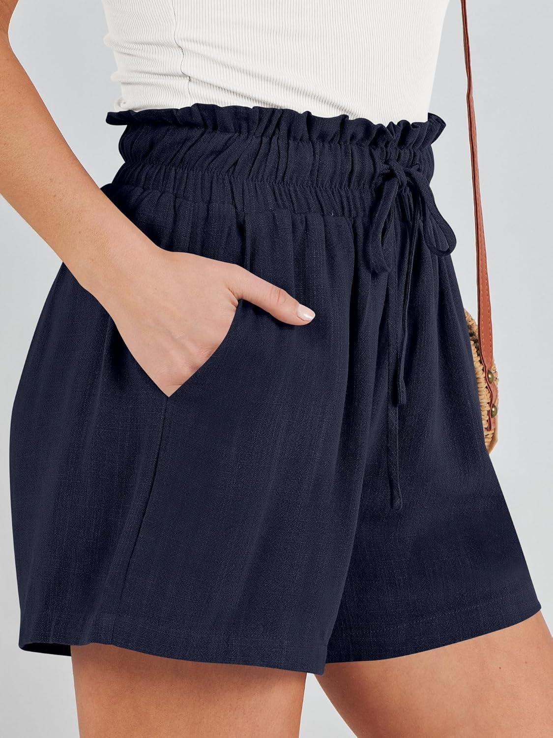 imageANRABESS Linen Shorts for Women Summer Casual Wide Leg Loose High Waist Drawstring Dressy Beach Shorts 2025 Comfy ClothesNavy Blue