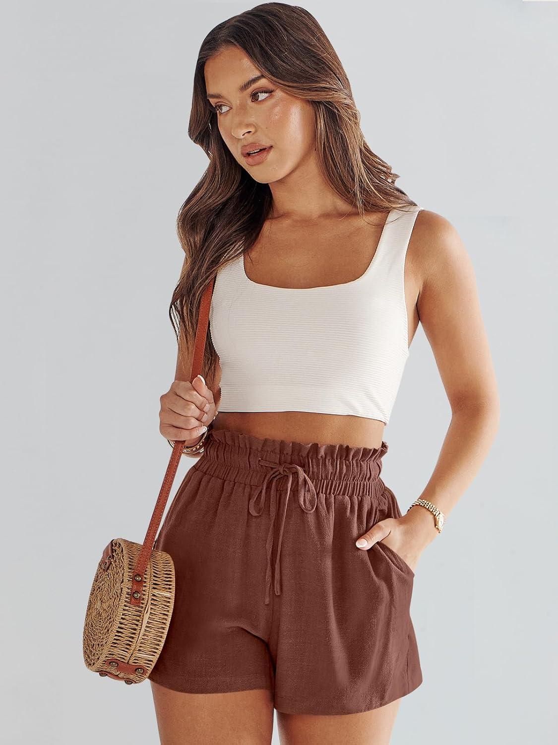 imageANRABESS Linen Shorts for Women Summer Casual Wide Leg Loose High Waist Drawstring Dressy Beach Shorts 2025 Comfy ClothesRed Brown