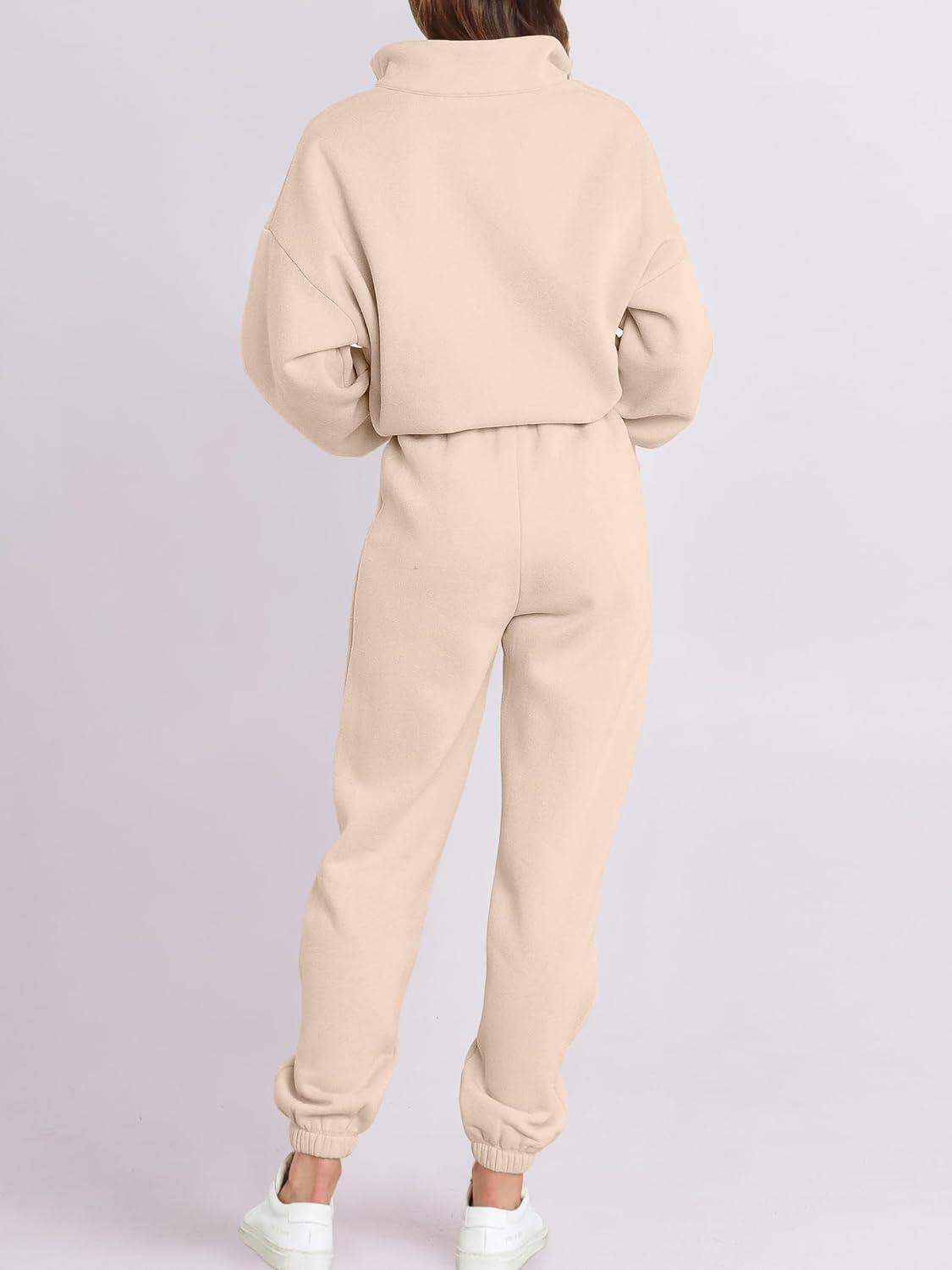 imageANRABESS Women 2 Piece Outfits Sweatsuit Oversized Half Zip Sweatshirt Jogger Sweatpants Tracksuit Lounge Set 2025 ClothesBeige
