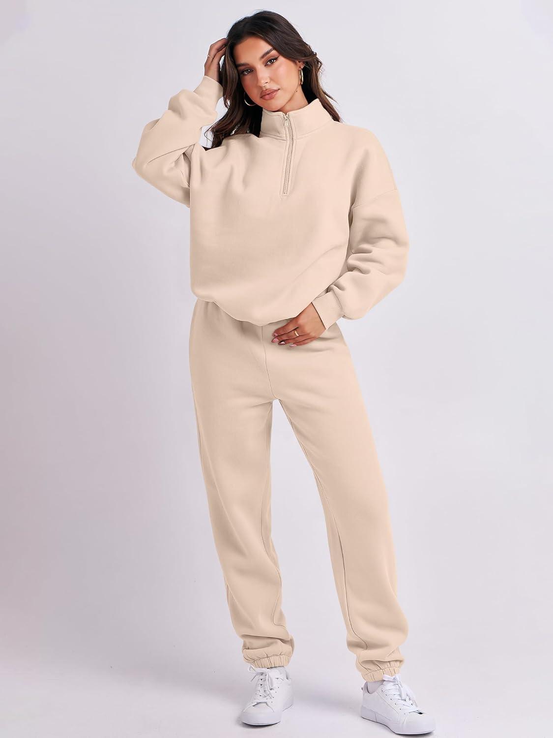 imageANRABESS Women 2 Piece Outfits Sweatsuit Oversized Half Zip Sweatshirt Jogger Sweatpants Tracksuit Lounge Set 2025 ClothesBeige