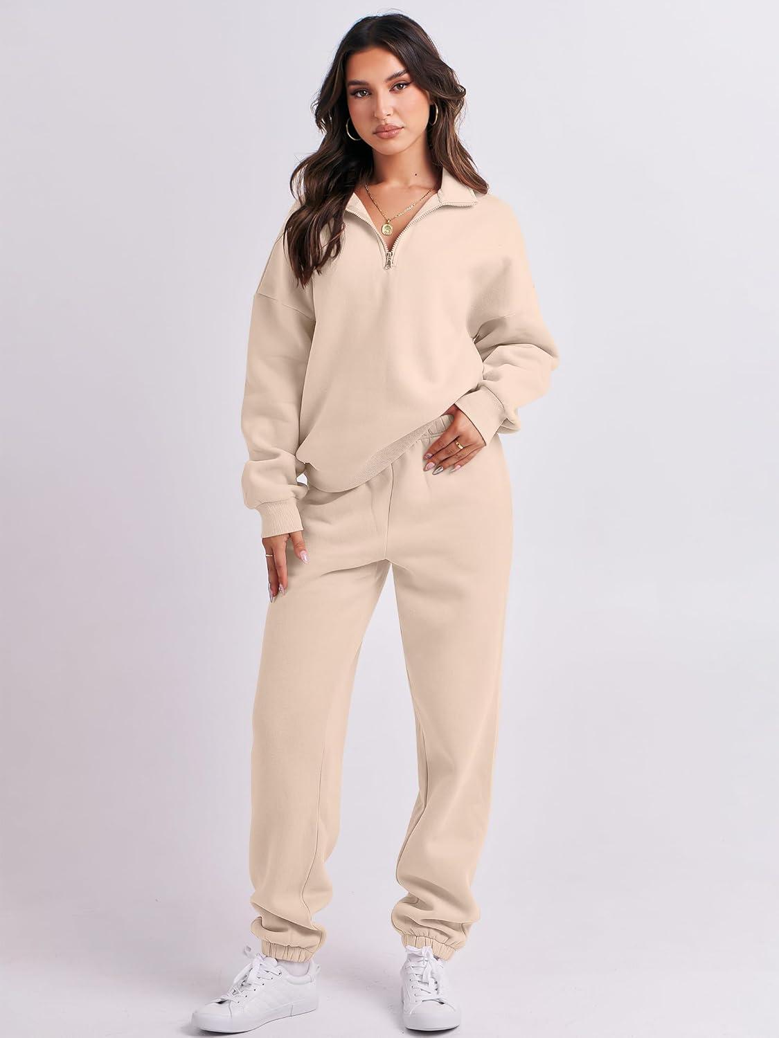 imageANRABESS Women 2 Piece Outfits Sweatsuit Oversized Half Zip Sweatshirt Jogger Sweatpants Tracksuit Lounge Set 2025 ClothesBeige