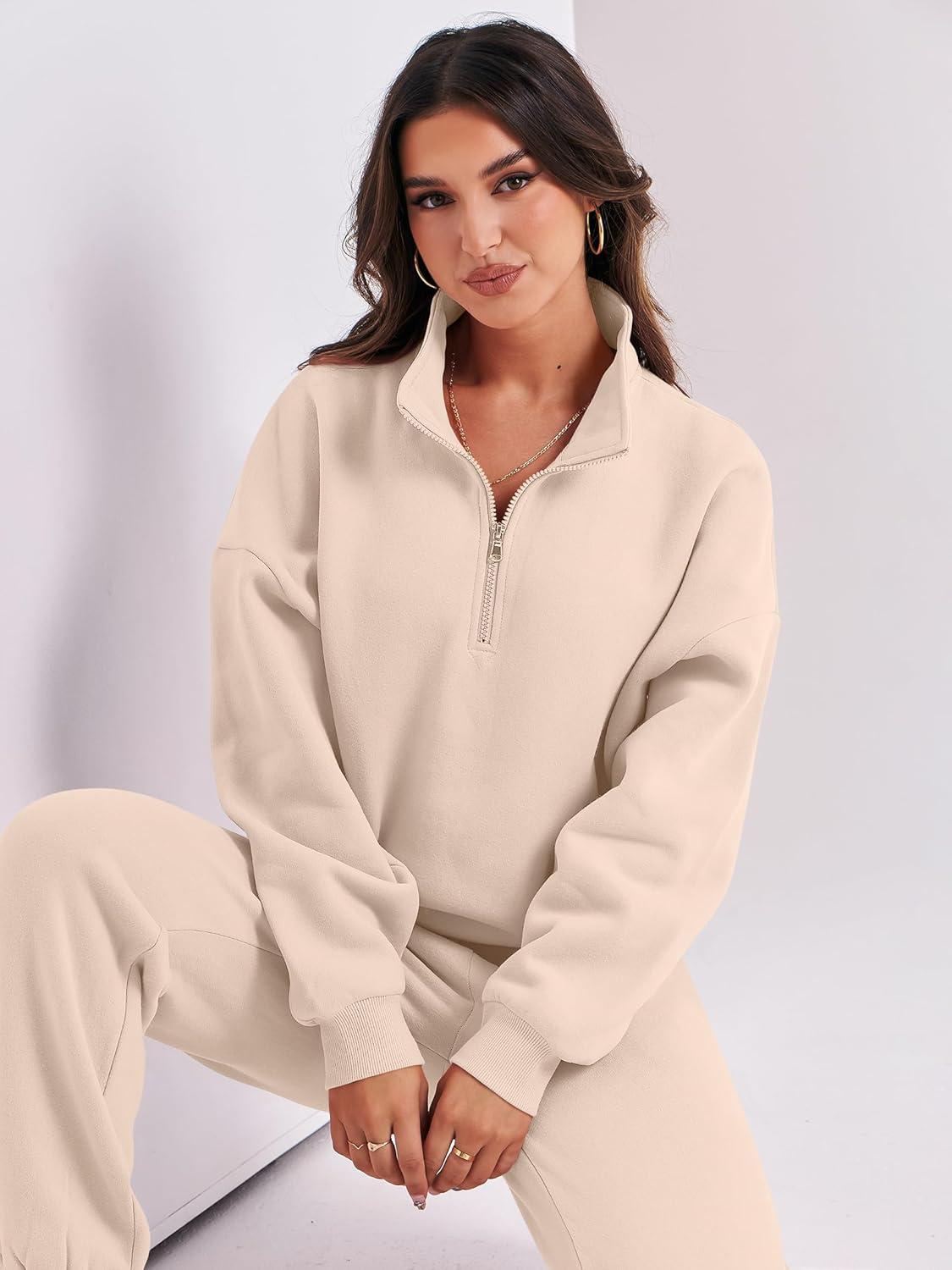imageANRABESS Women 2 Piece Outfits Sweatsuit Oversized Half Zip Sweatshirt Jogger Sweatpants Tracksuit Lounge Set 2025 ClothesBeige