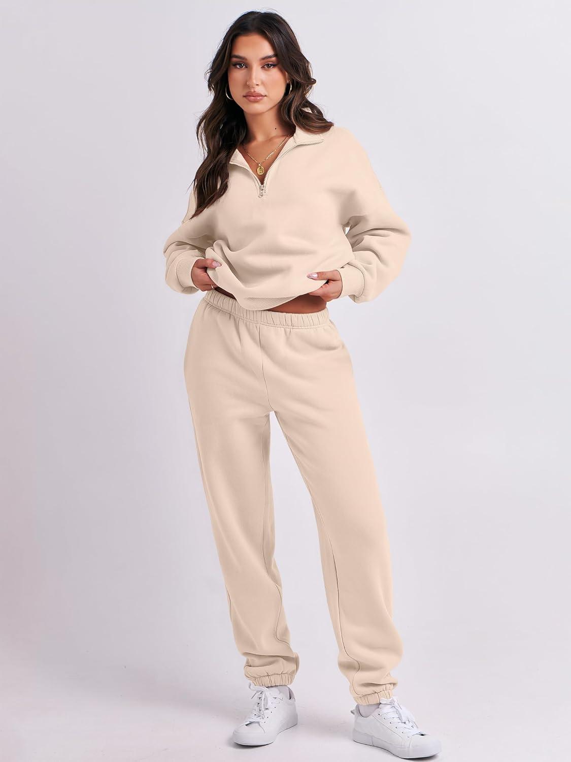 imageANRABESS Women 2 Piece Outfits Sweatsuit Oversized Half Zip Sweatshirt Jogger Sweatpants Tracksuit Lounge Set 2025 ClothesBeige