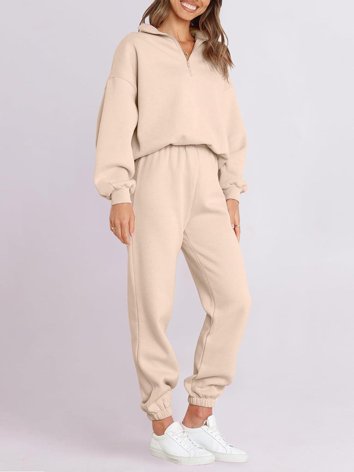imageANRABESS Women 2 Piece Outfits Sweatsuit Oversized Half Zip Sweatshirt Jogger Sweatpants Tracksuit Lounge Set 2025 ClothesBeige