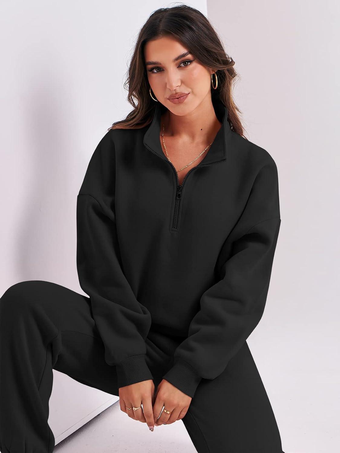 imageANRABESS Women 2 Piece Outfits Sweatsuit Oversized Half Zip Sweatshirt Jogger Sweatpants Tracksuit Lounge Set 2025 ClothesBlack