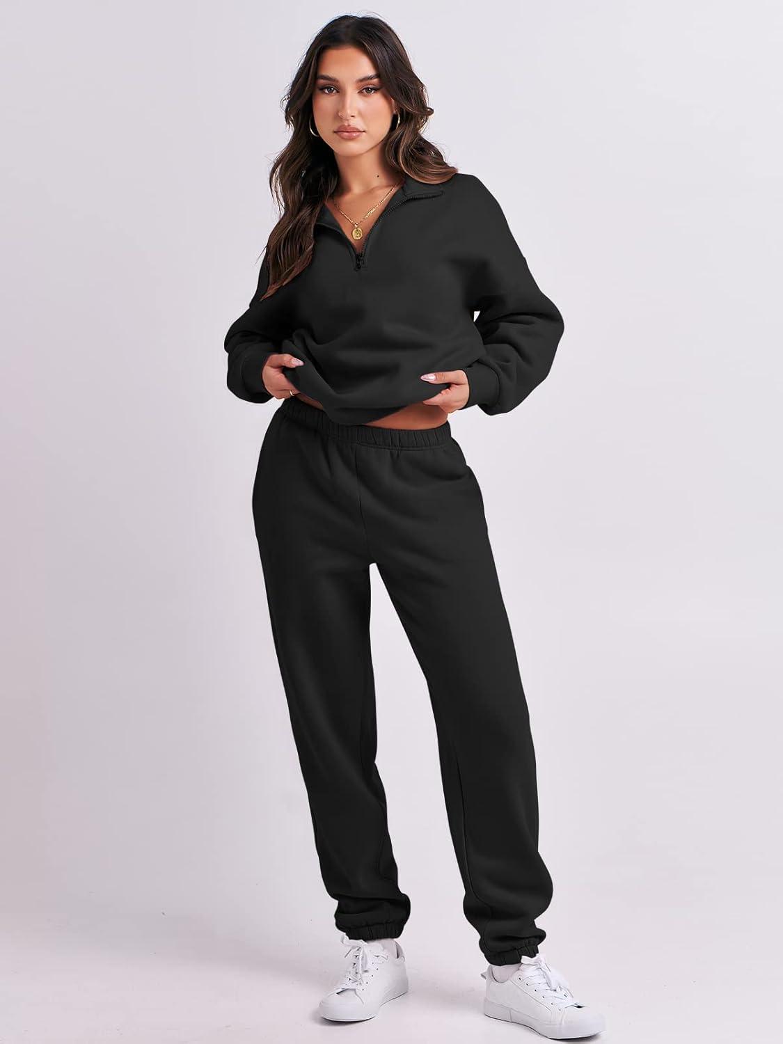 imageANRABESS Women 2 Piece Outfits Sweatsuit Oversized Half Zip Sweatshirt Jogger Sweatpants Tracksuit Lounge Set 2025 ClothesBlack