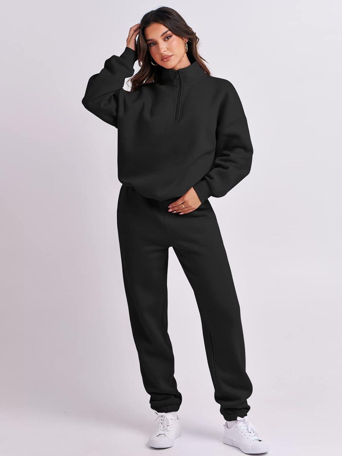 imageANRABESS Women 2 Piece Outfits Sweatsuit Oversized Half Zip Sweatshirt Jogger Sweatpants Tracksuit Lounge Set 2025 ClothesBlack