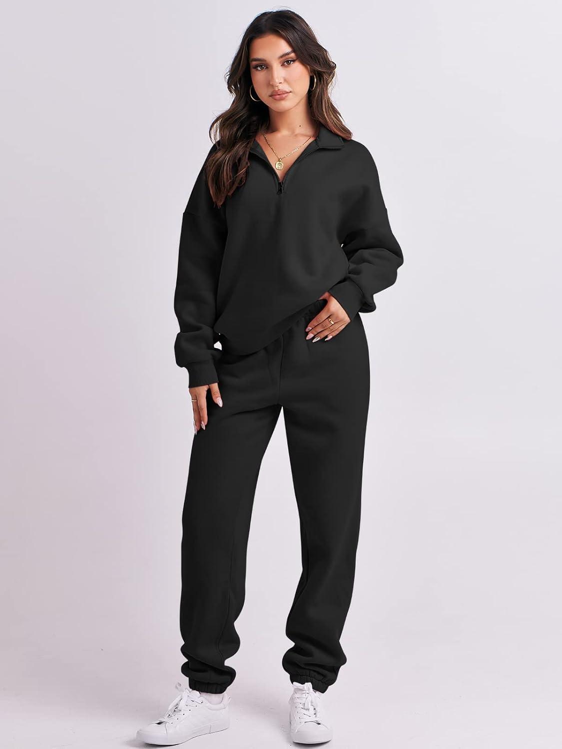 imageANRABESS Women 2 Piece Outfits Sweatsuit Oversized Half Zip Sweatshirt Jogger Sweatpants Tracksuit Lounge Set 2025 ClothesBlack