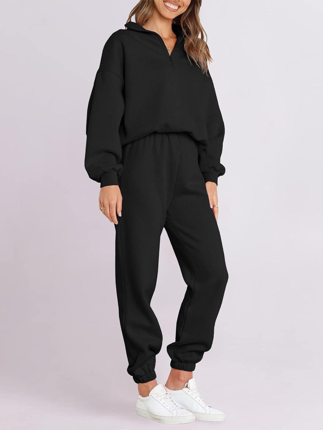 imageANRABESS Women 2 Piece Outfits Sweatsuit Oversized Half Zip Sweatshirt Jogger Sweatpants Tracksuit Lounge Set 2025 ClothesBlack