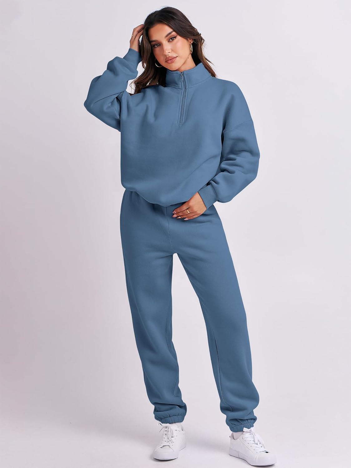 imageANRABESS Women 2 Piece Outfits Sweatsuit Oversized Half Zip Sweatshirt Jogger Sweatpants Tracksuit Lounge Set 2025 ClothesBlue