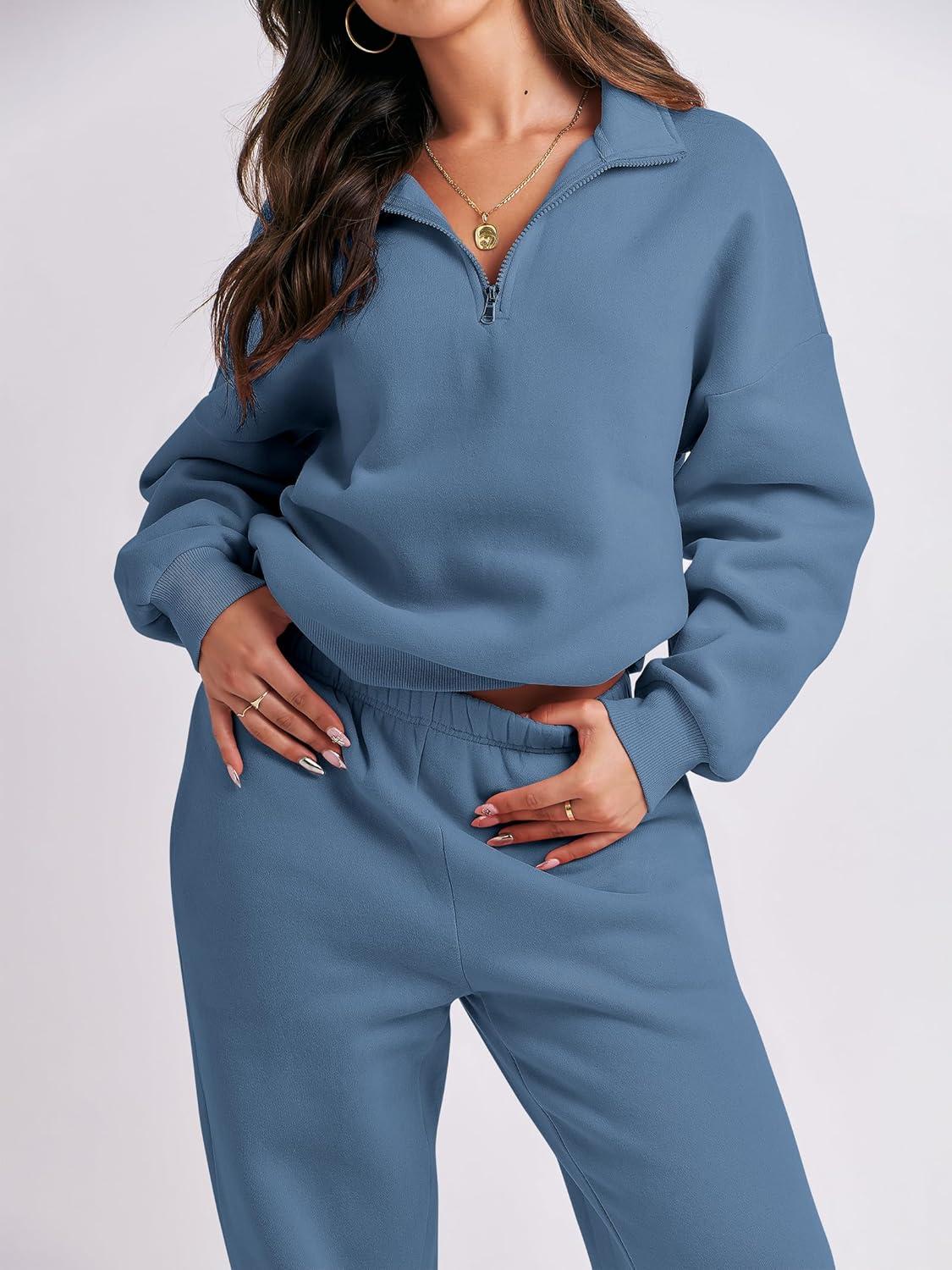 imageANRABESS Women 2 Piece Outfits Sweatsuit Oversized Half Zip Sweatshirt Jogger Sweatpants Tracksuit Lounge Set 2025 ClothesBlue