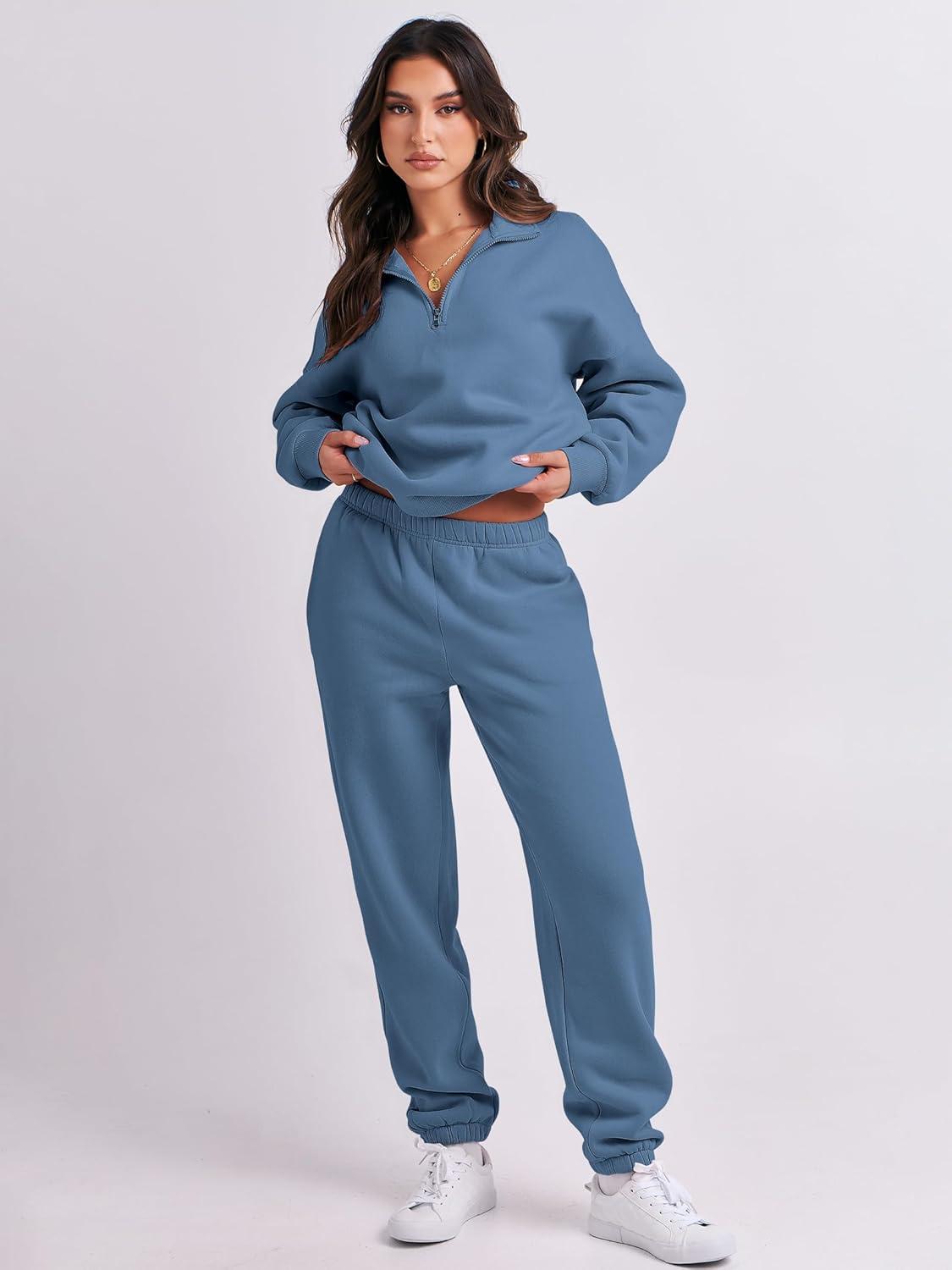 imageANRABESS Women 2 Piece Outfits Sweatsuit Oversized Half Zip Sweatshirt Jogger Sweatpants Tracksuit Lounge Set 2025 ClothesBlue