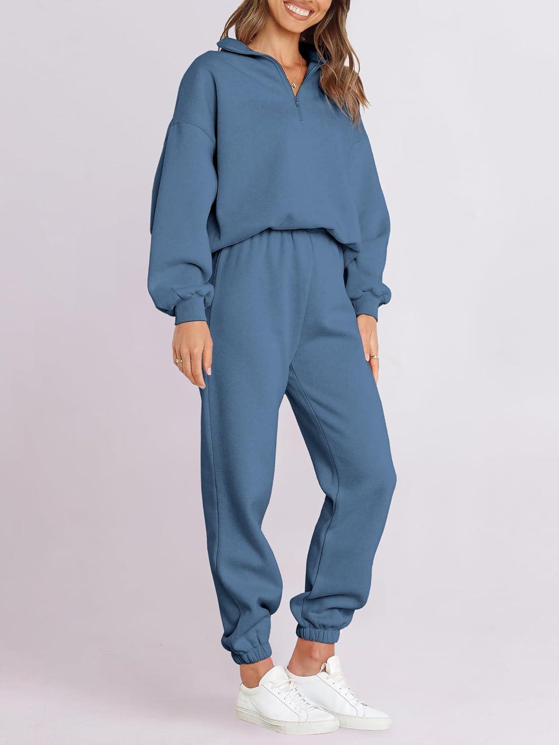 imageANRABESS Women 2 Piece Outfits Sweatsuit Oversized Half Zip Sweatshirt Jogger Sweatpants Tracksuit Lounge Set 2025 ClothesBlue