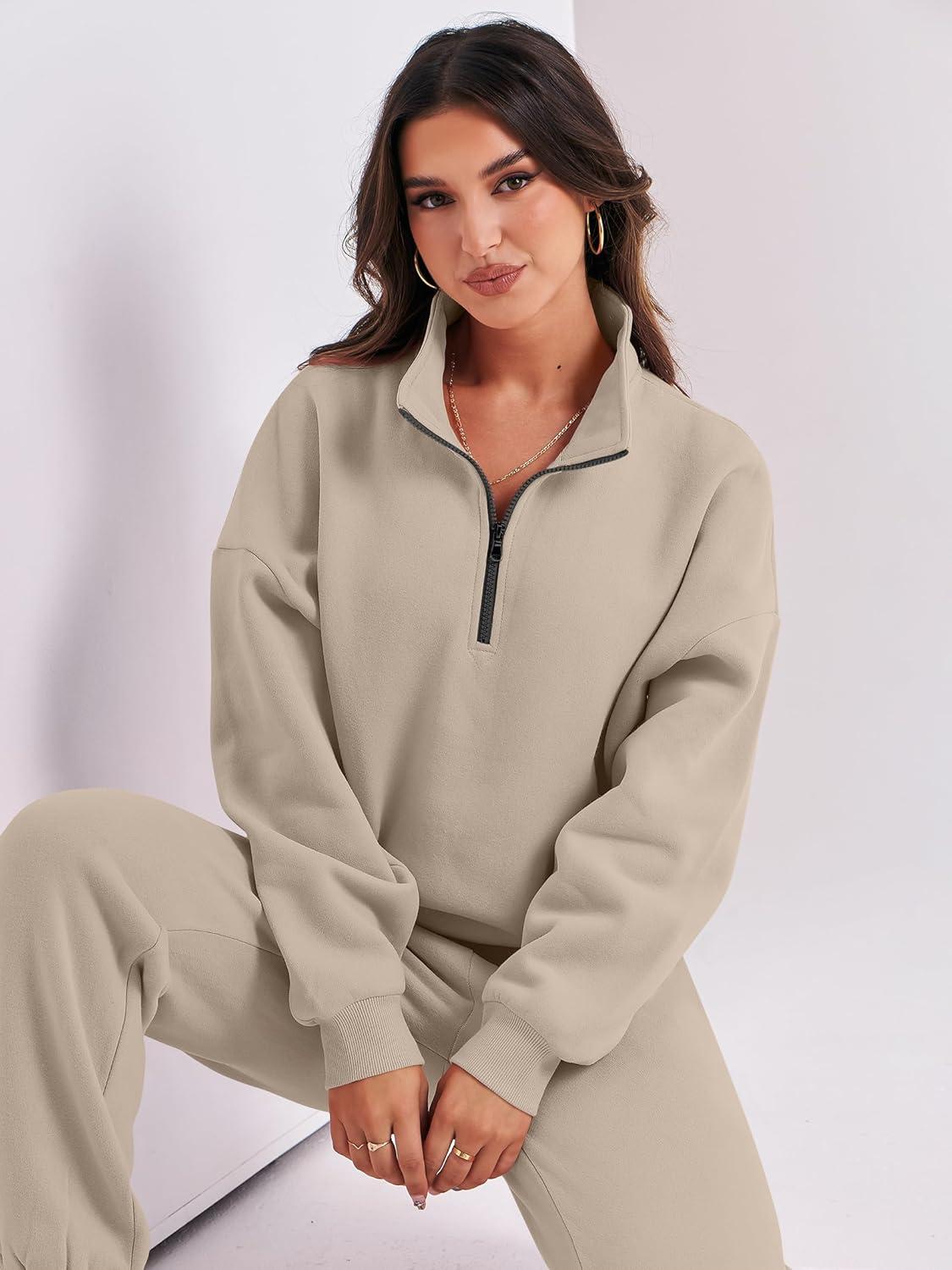 imageANRABESS Women 2 Piece Outfits Sweatsuit Oversized Half Zip Sweatshirt Jogger Sweatpants Tracksuit Lounge Set 2025 ClothesBrown