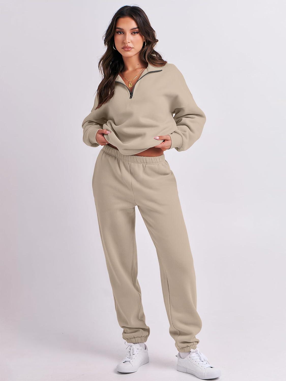imageANRABESS Women 2 Piece Outfits Sweatsuit Oversized Half Zip Sweatshirt Jogger Sweatpants Tracksuit Lounge Set 2025 ClothesBrown