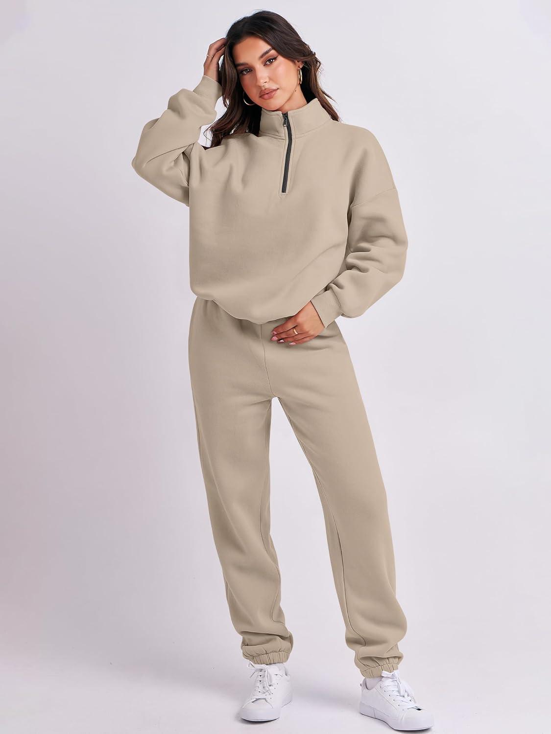imageANRABESS Women 2 Piece Outfits Sweatsuit Oversized Half Zip Sweatshirt Jogger Sweatpants Tracksuit Lounge Set 2025 ClothesBrown