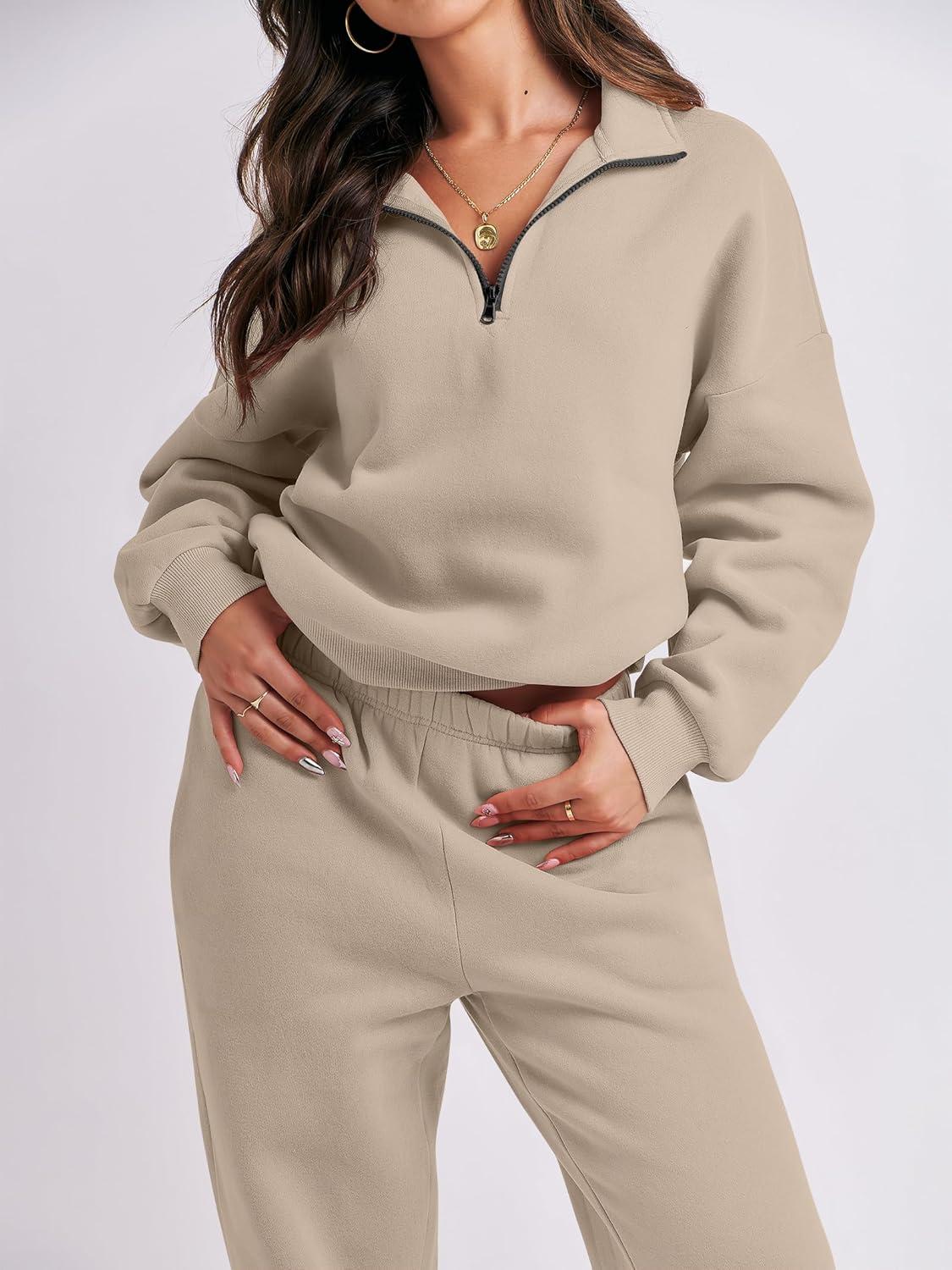 imageANRABESS Women 2 Piece Outfits Sweatsuit Oversized Half Zip Sweatshirt Jogger Sweatpants Tracksuit Lounge Set 2025 ClothesBrown