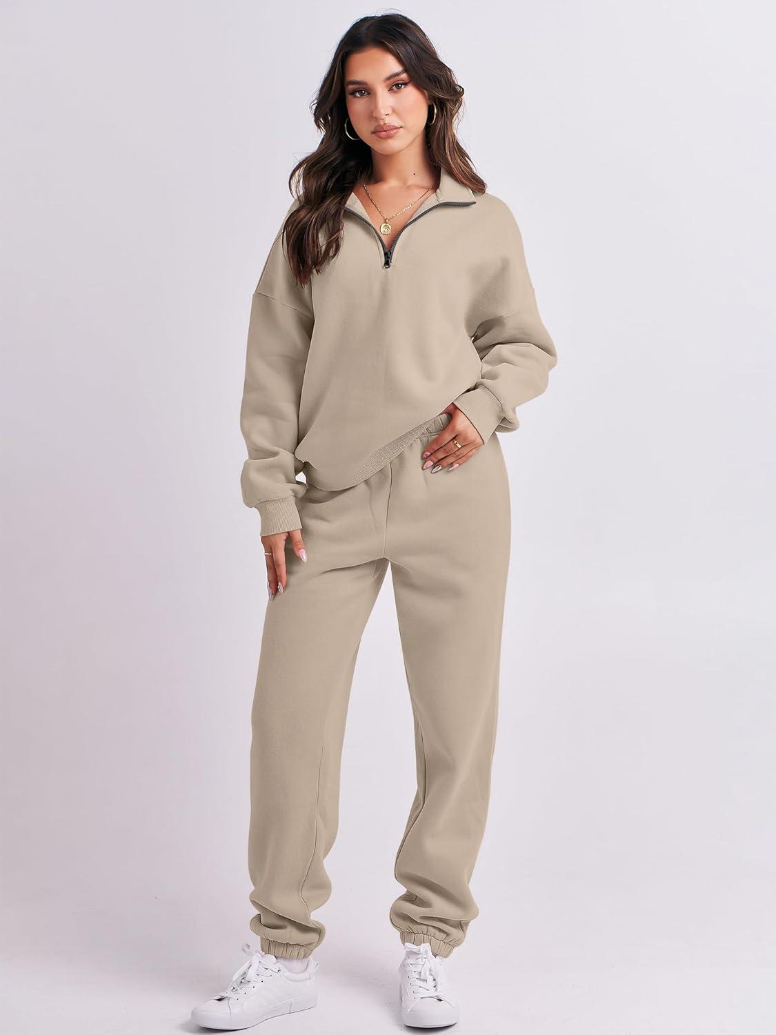imageANRABESS Women 2 Piece Outfits Sweatsuit Oversized Half Zip Sweatshirt Jogger Sweatpants Tracksuit Lounge Set 2025 ClothesBrown