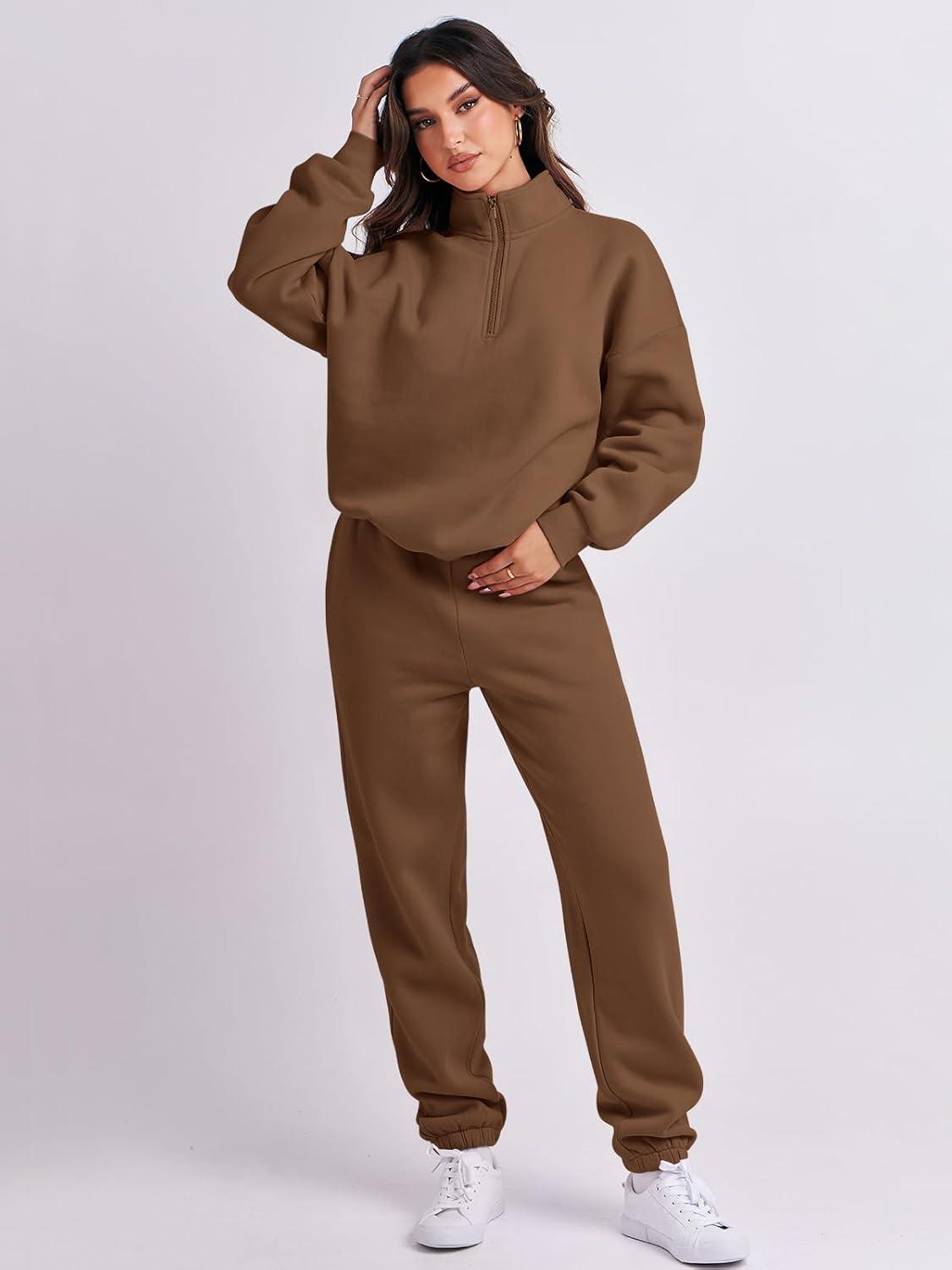 imageANRABESS Women 2 Piece Outfits Sweatsuit Oversized Half Zip Sweatshirt Jogger Sweatpants Tracksuit Lounge Set 2025 ClothesCoffee