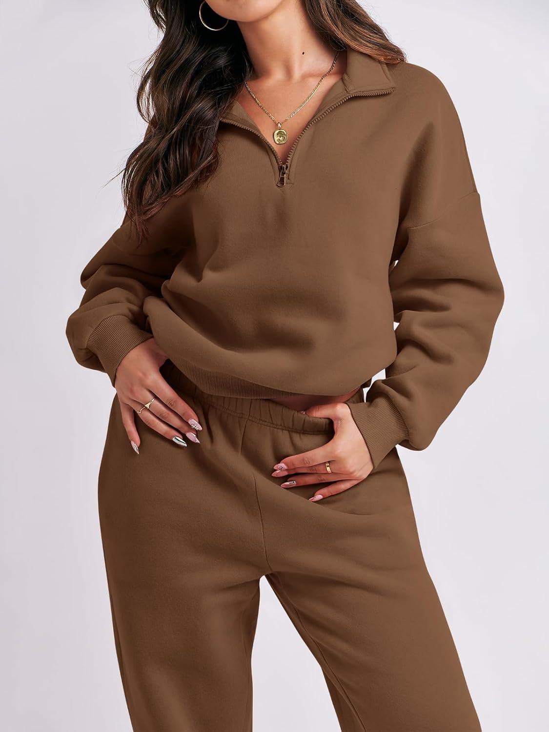imageANRABESS Women 2 Piece Outfits Sweatsuit Oversized Half Zip Sweatshirt Jogger Sweatpants Tracksuit Lounge Set 2025 ClothesCoffee