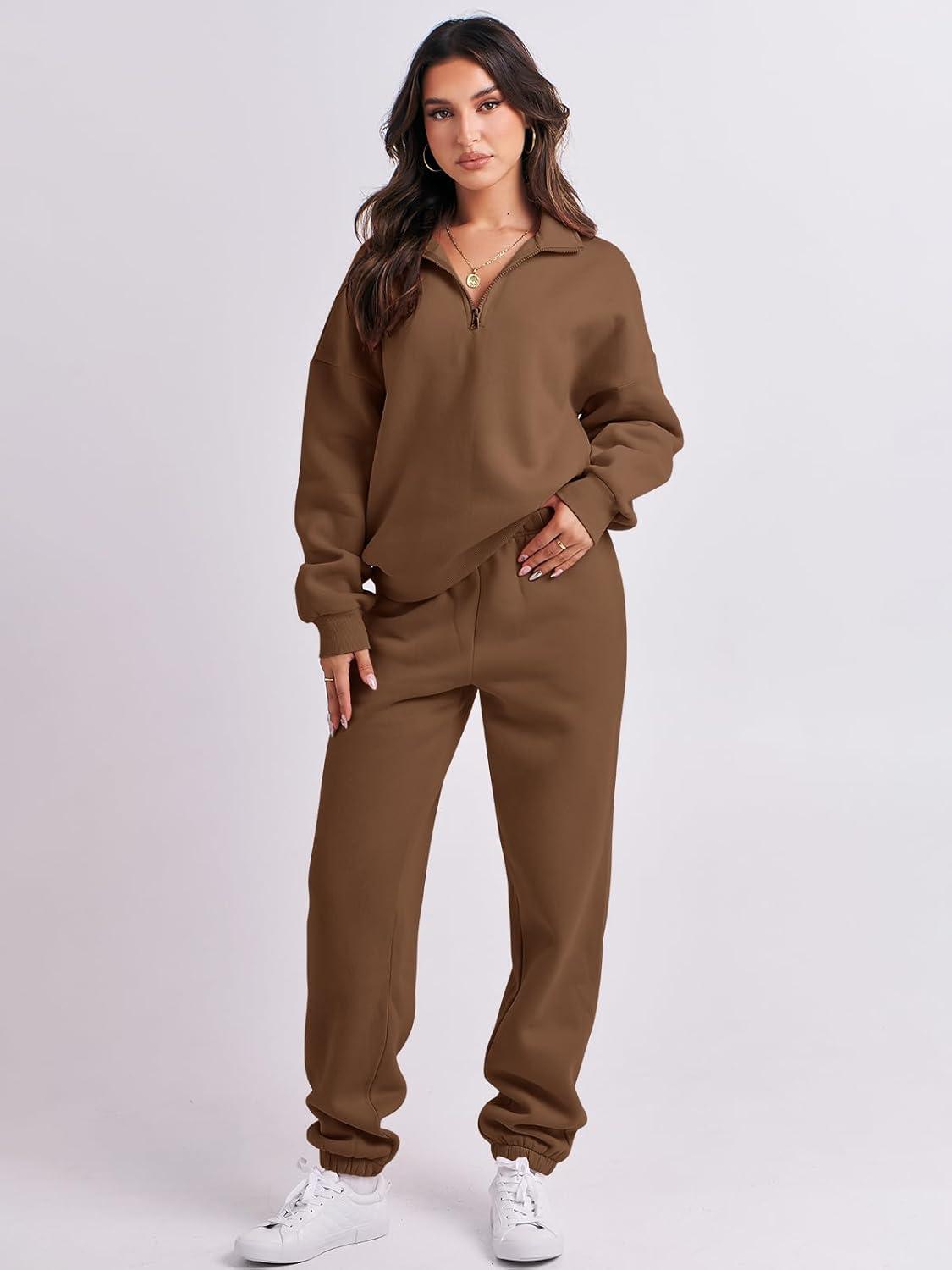 imageANRABESS Women 2 Piece Outfits Sweatsuit Oversized Half Zip Sweatshirt Jogger Sweatpants Tracksuit Lounge Set 2025 ClothesCoffee