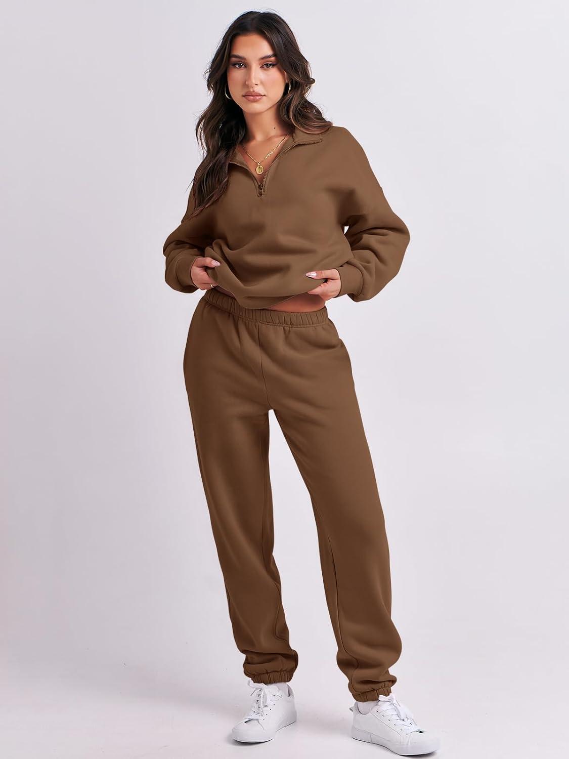 imageANRABESS Women 2 Piece Outfits Sweatsuit Oversized Half Zip Sweatshirt Jogger Sweatpants Tracksuit Lounge Set 2025 ClothesCoffee