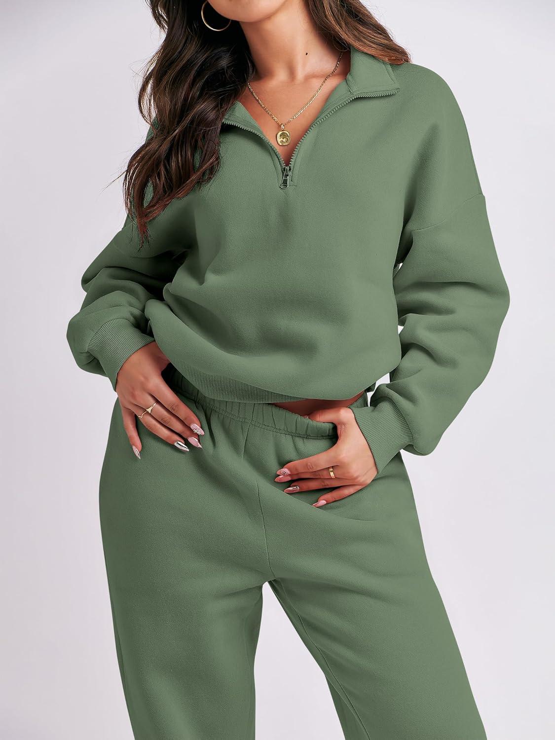 imageANRABESS Women 2 Piece Outfits Sweatsuit Oversized Half Zip Sweatshirt Jogger Sweatpants Tracksuit Lounge Set 2025 ClothesDeep Green