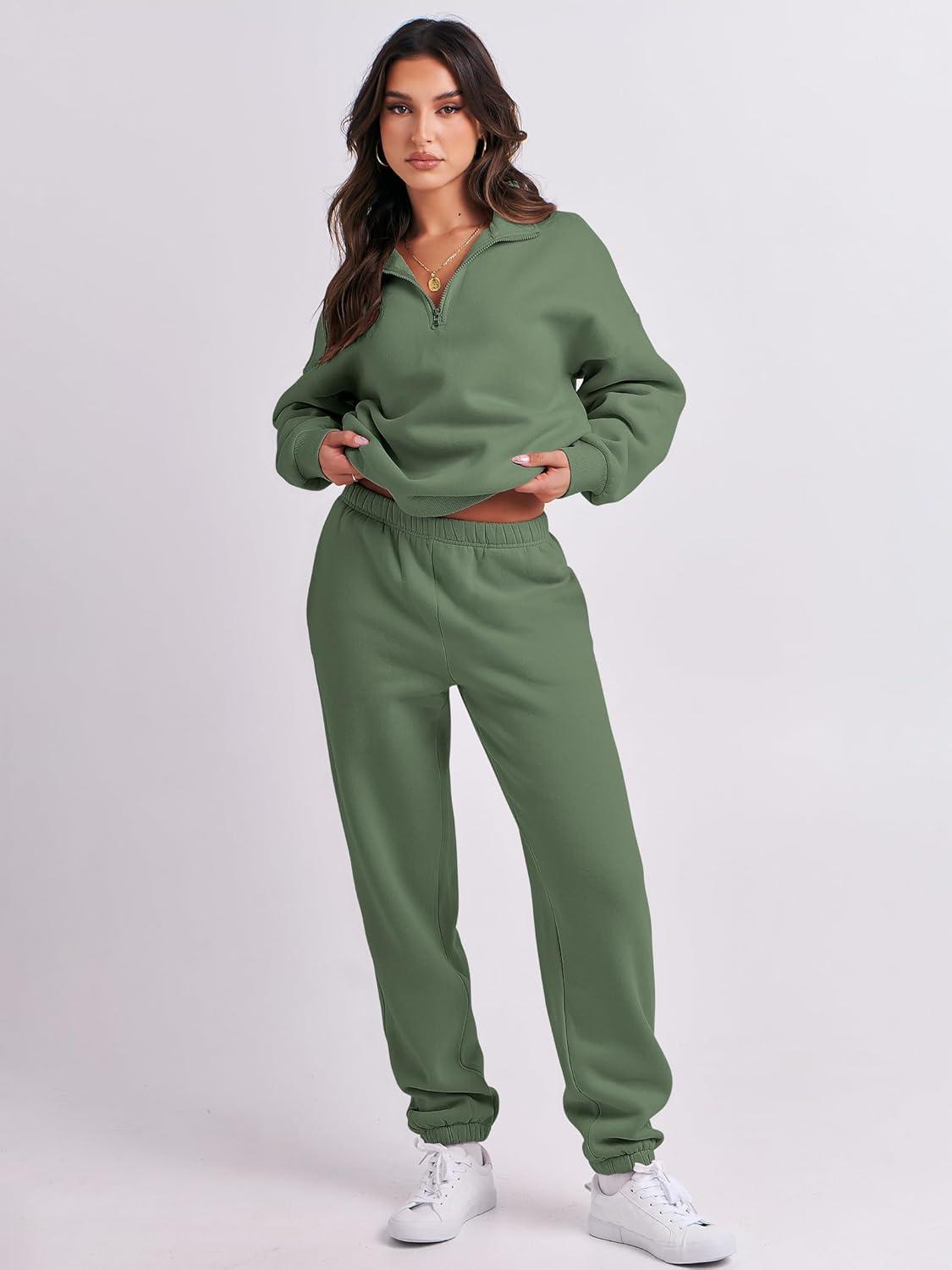 imageANRABESS Women 2 Piece Outfits Sweatsuit Oversized Half Zip Sweatshirt Jogger Sweatpants Tracksuit Lounge Set 2025 ClothesDeep Green