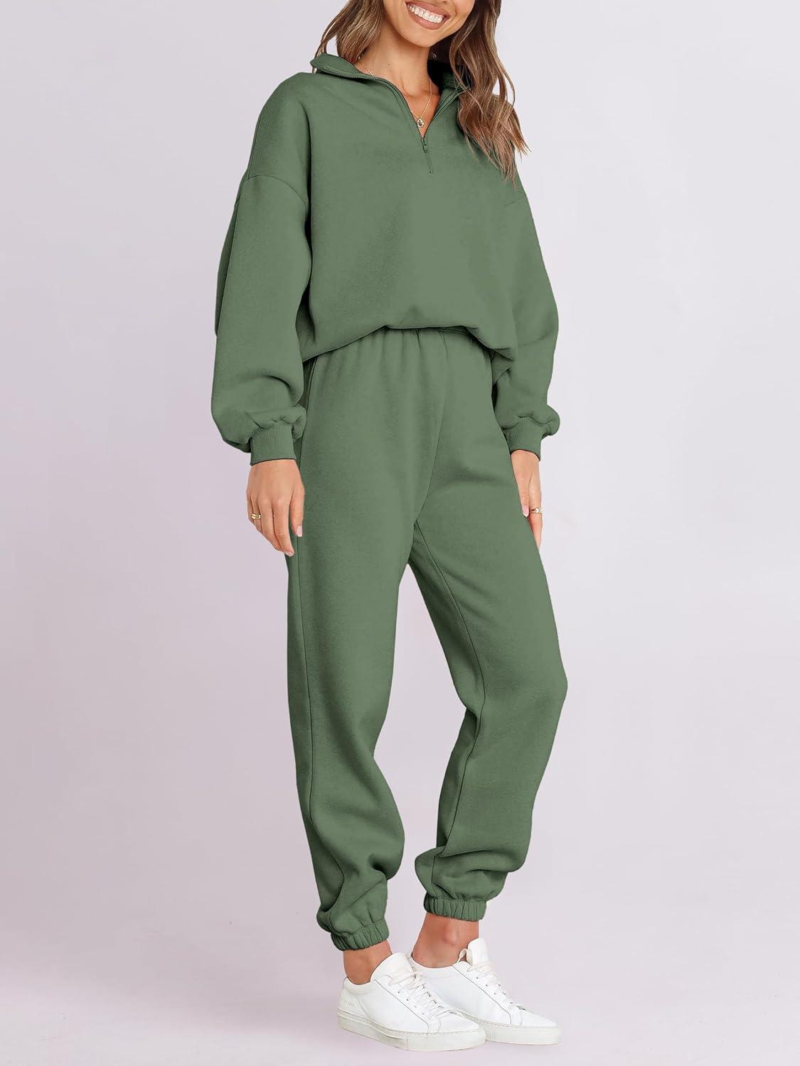 imageANRABESS Women 2 Piece Outfits Sweatsuit Oversized Half Zip Sweatshirt Jogger Sweatpants Tracksuit Lounge Set 2025 ClothesDeep Green