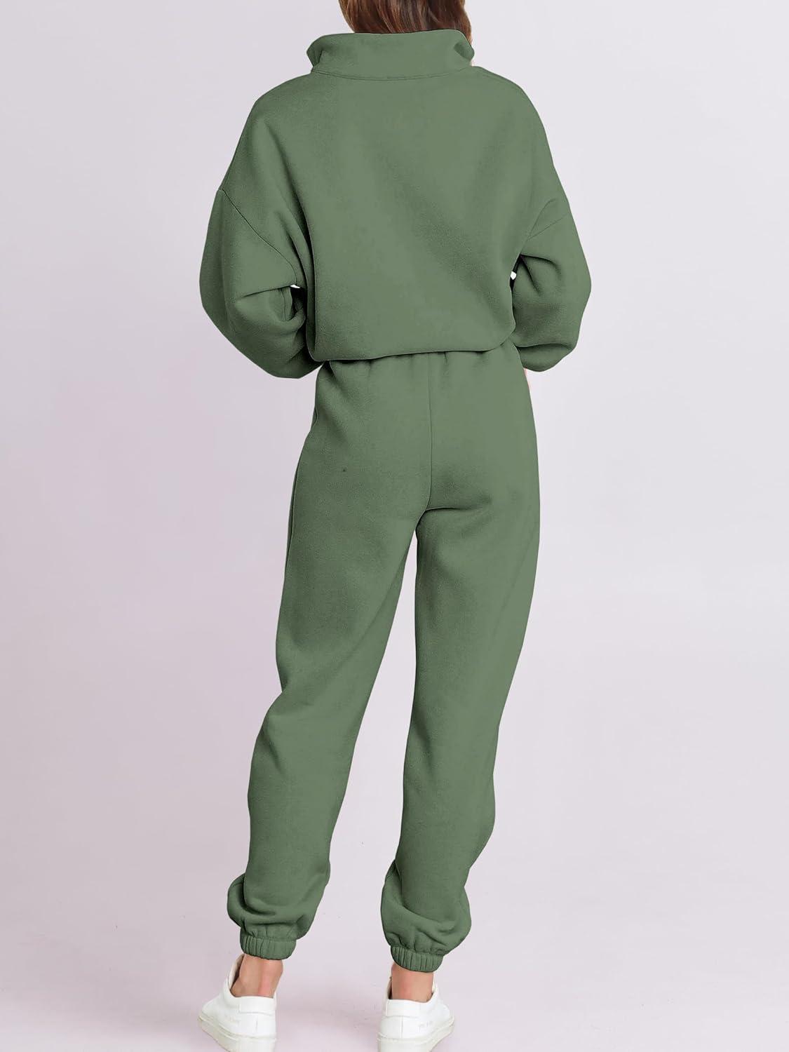 imageANRABESS Women 2 Piece Outfits Sweatsuit Oversized Half Zip Sweatshirt Jogger Sweatpants Tracksuit Lounge Set 2025 ClothesDeep Green