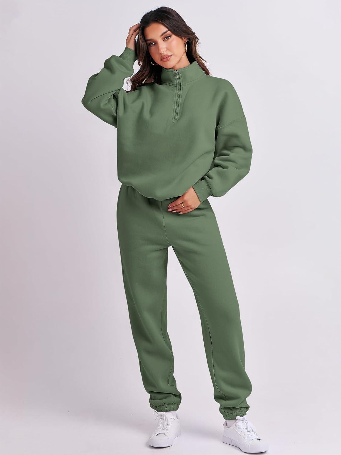 imageANRABESS Women 2 Piece Outfits Sweatsuit Oversized Half Zip Sweatshirt Jogger Sweatpants Tracksuit Lounge Set 2025 ClothesDeep Green