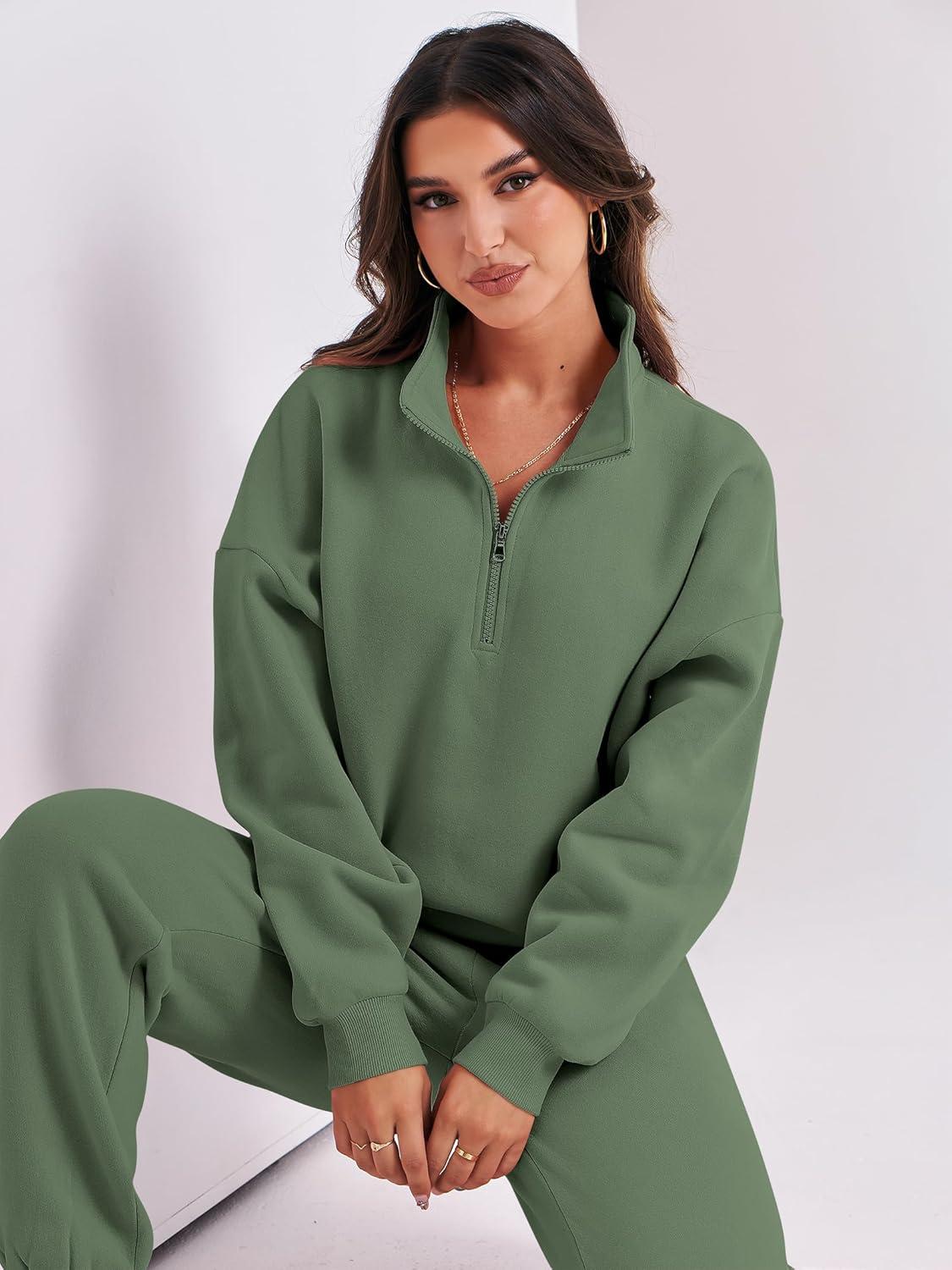 imageANRABESS Women 2 Piece Outfits Sweatsuit Oversized Half Zip Sweatshirt Jogger Sweatpants Tracksuit Lounge Set 2025 ClothesDeep Green